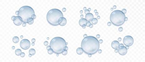 Blue transparent water bubbles realistic collection with reflection set Isolated. Vector soap water bubbles.