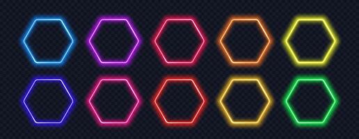 Neon hexagon frame isolated on black background. Glowing colorful button. Design element in futuristic style. vector