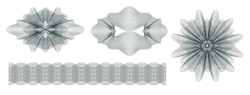 Money watermark. Geometric round, spiral and secure guilloches. Spirograph patterns and borders vector set