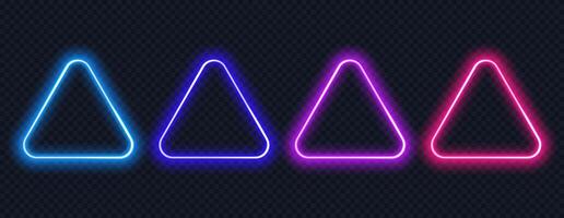 Neon button triangle set. Glowing colorful border with copy space. Realistic neon frame isolated vector