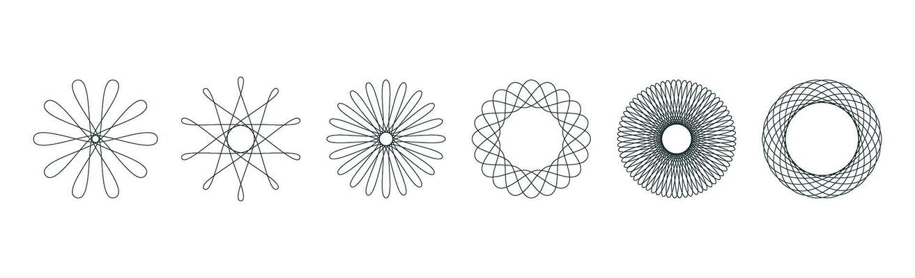 Spirograph graphic shape. Different geometric circular patterns. Isolated vector illustration
