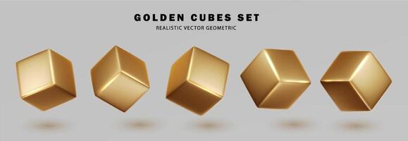 Gold metallic 3d cubes set isolated. Realistic vector geometric shape different angles in perspective