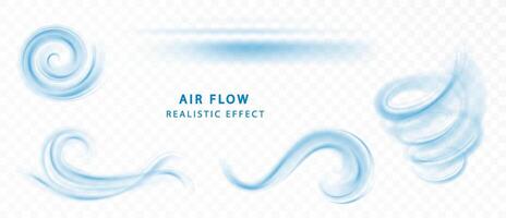 Blue air flow wave effect set. Waves showing a stream of clean fresh air. Isolated vector design element