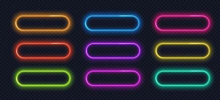 Neon button frame isolated collection. Glowing gradient borders, UI elements, action button vector