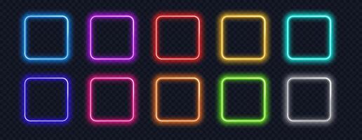 Neon square frame set realistic. Colorful glowing rectangle borders isolated. Action button UI elements with copy space vector