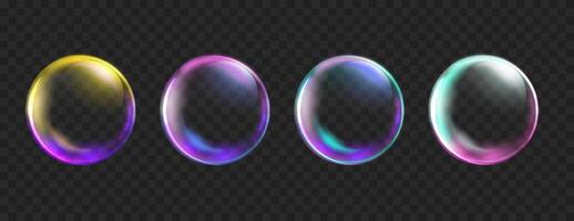 Colorful Bubbles isolated on black background. Realistic transparent neon soap bubble with glares. Shiny bright soapy circles vector