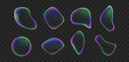 liquid iridescent transparent abstract sphere set isolated on black background. Gradient colorful round shapes of fluid splash rainbow bubble collection. vector