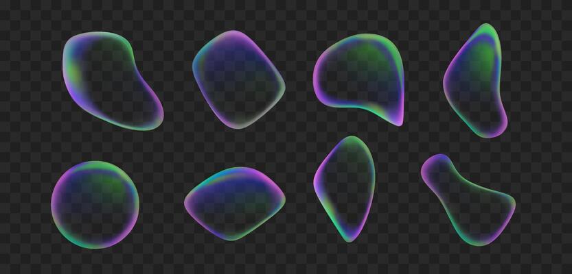liquid iridescent transparent abstract sphere set isolated on black background. Gradient colorful round shapes of fluid splash rainbow bubble collection.