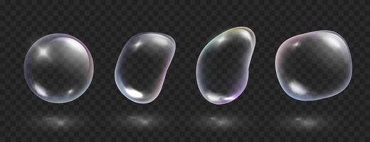 Realistic soap or glass transparent rainbow shapes. Iridescent transparent bubbles isolated on dark. Abstract glossy fluid balls with rainbow reflection. vector