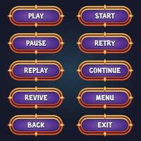 Set of purple game buttons for mobile games with editable text effect gui to build 2d games vector