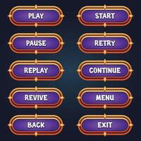 Set of purple game buttons for mobile games with editable text effect gui to build 2d games vector