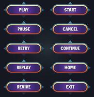 Game ui set of purple buttons with editable text effect gui to build 2d games game buttons kit vector