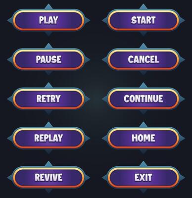 Game ui set of purple buttons with editable text effect gui to build 2d games game buttons kit