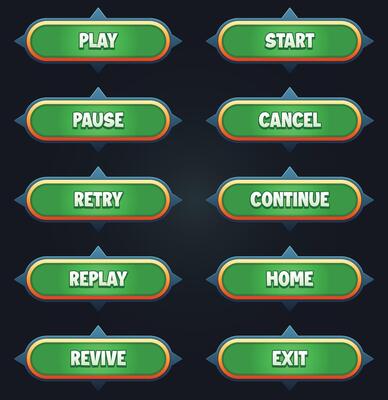 Game ui set of green buttons with editable text effect gui to build 2d games game buttons kit