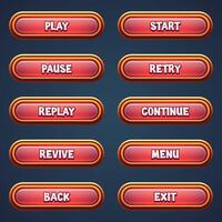 Set of red game buttons for mobile games with editable text effect gui to build 2d games vector