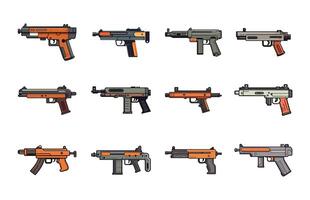 Submachine gun vector set,  submachine machine hand gun weapons stock illustration set