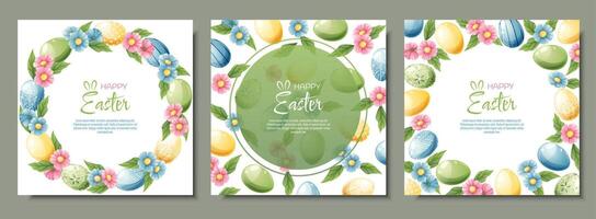 Set of Background with Easter eggs and flowers. Postcard, banner for Easter. Spring time. Frame with colorful eggs. vector