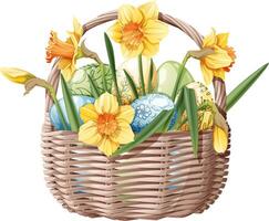 Basket with Easter eggs and daffodils on an isolated background. Vector illustration for Happy Easter. Easter clipart for cards, stickers, etc.