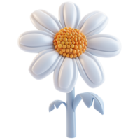 AI generated 3D daisy with yellow center and white petals stands on blue stem with leaves. Glossy cartoon flower isolated on transparent background png
