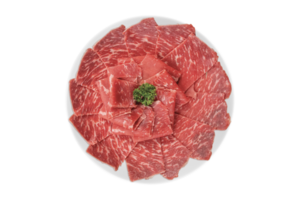 un' vicino su dettagliato Immagine di affettato giapponese wagyu Manzo nel un' ceramica piatto preparato per shabu sab png