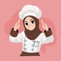 joven hijab cocinero señalando hacia arriba vector