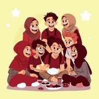 A Group of Muslim People Sitting on The Ground for Having Iftar Meal Together vector