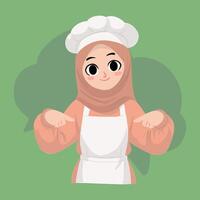 joven hijab cocinero señalando a fondo lado vector