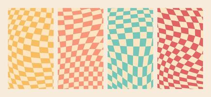 Groovy wavy checkerboard pattern vertical background set vector