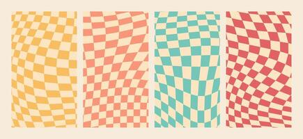 Groovy wavy checkerboard pattern vertical background set vector