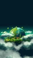 AI generated Earth globe illustration animation vertical with plants copy space banner ecological earth day hour safe clouds clear trees mountains environmental problems on blue background video