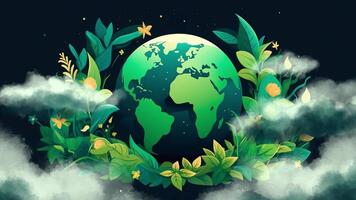 AI generated Earth globe illustration animation horizontal with plants copy space banner ecological earth day hour safe clouds clear trees mountains environmental problems on blue background video