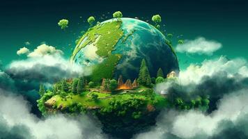 AI generated Earth globe illustration animation horizontal with plants copy space banner ecological earth day hour safe clouds clear trees mountains environmental problems on blue background video