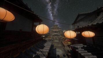 A group of lanterns hanging from a line under a night sky video