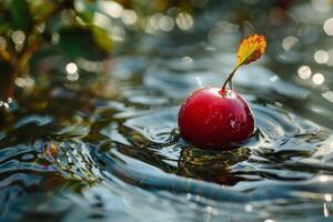 ai generado Cereza flotante en cuerpo de agua foto