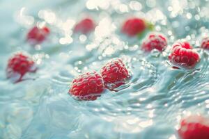 AI generated Fresh Raspberries Floating in Bubbly Water photo