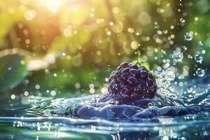 AI generated Sunlit Raspberry Floating in Water photo