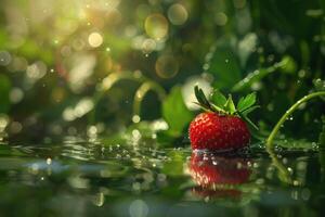 AI generated Red Strawberry Gracefully Floating on Water Surface photo