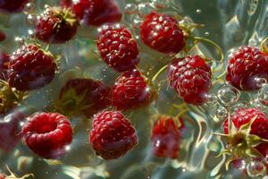 AI generated Sun-Kissed Raspberries Floating in Sparkling Water photo