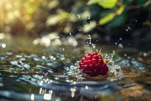 AI generated Sun-Kissed Raspberry Floating in Sparkling Water photo