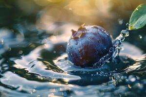 ai generado arándanos flotante con hoja en agua foto