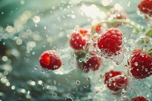 AI generated Fresh Raspberries Floating in Water photo