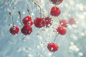 AI generated Sun-Kissed Cherries Floating in Sparkling Water photo