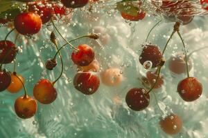 ai generado besado por el Sol cerezas flotante en agua foto