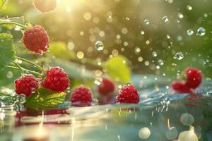 AI generated Sun-Kissed Raspberries Floating on Sparkling Water photo