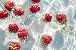 ai generado frambuesas flotante en piscina de agua foto