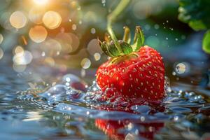 AI generated Ripe Strawberry Floating in Sparkling Water photo