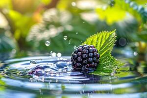 AI generated Sun-Kissed Blackberry Floating on Sparkling Water photo