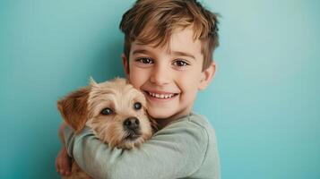 ai generado pequeño chico abrazando tu pequeño perro en pastel azul antecedentes foto