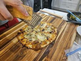 hogar hecho Roca horneado parilla Pizza con Fresco masa y reunirse vegetales y queso foto