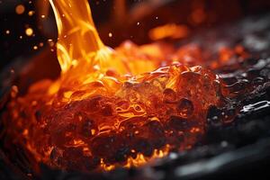 AI generated molten metal being poured into hot black steel, forming an orange re on top in closeup. photo